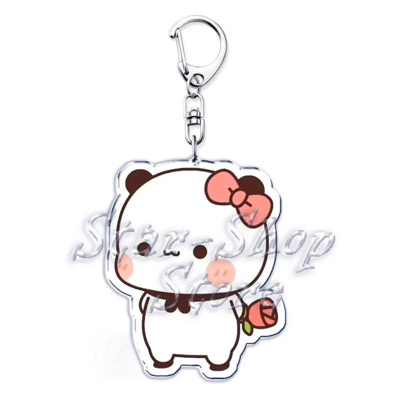 Bubu Dudu Rose Love Keychains Couple Bear Panda Acrylic Keyrings for Accessories Bag Pendant Key Chain Jewelry Fans Lovers Gifts