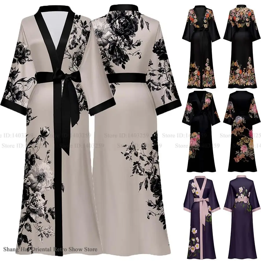 

Oversize Long Robe Spring Summer Women Sleepwear Kimono Bathrobe Gown Sexy Satin Nightwear Nightgown Loose Home Dress Loungewear