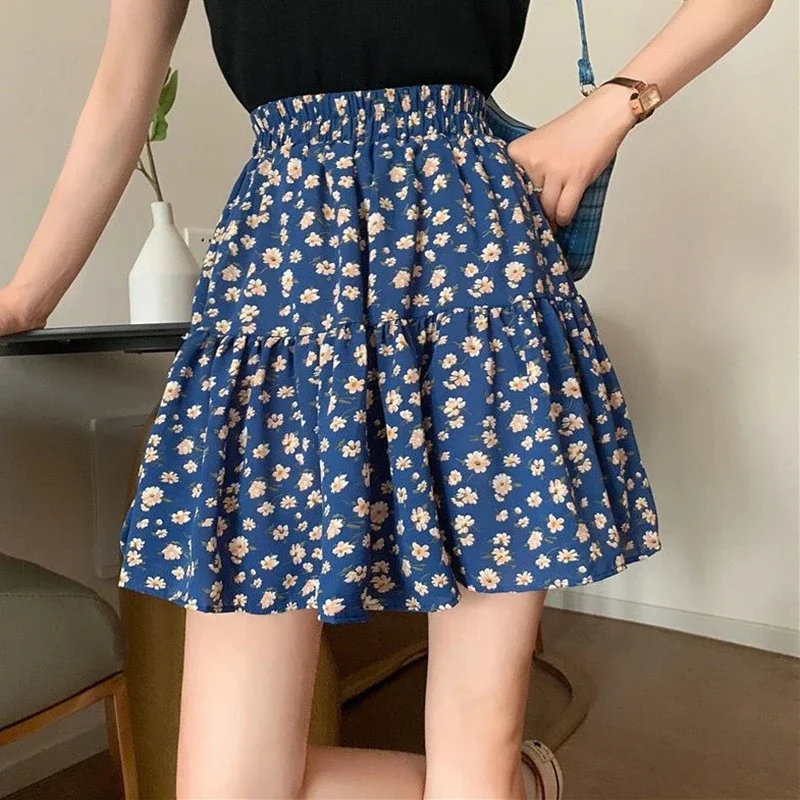 Lucyever Vintage Floral Print Mini Skirts for Women 2022 Summer Casual High Waist Short Skirt Female Pleated Beach A-line Skirts