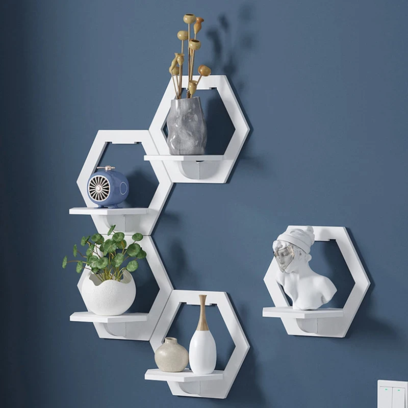 3/6pcs Hexagon Wall Shelf Punch Free Wall Mounted Display Stand Flower Pot Holder Home Decor