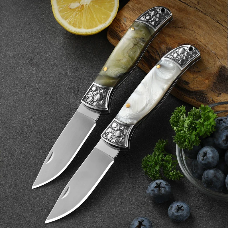 Stainless Steel Folding Fruit Paring Knife Resin Handle Boning Knife Portable Pocket Knife BBQ Cleaver Kitchen Slicing Knife