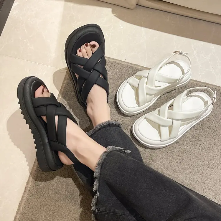 Cross Outside Sandals Black Shoes for Women Summer Heels Muffins shoe Open Toe Beige Girls Gladiator Retro Comfort Flat Low Fash