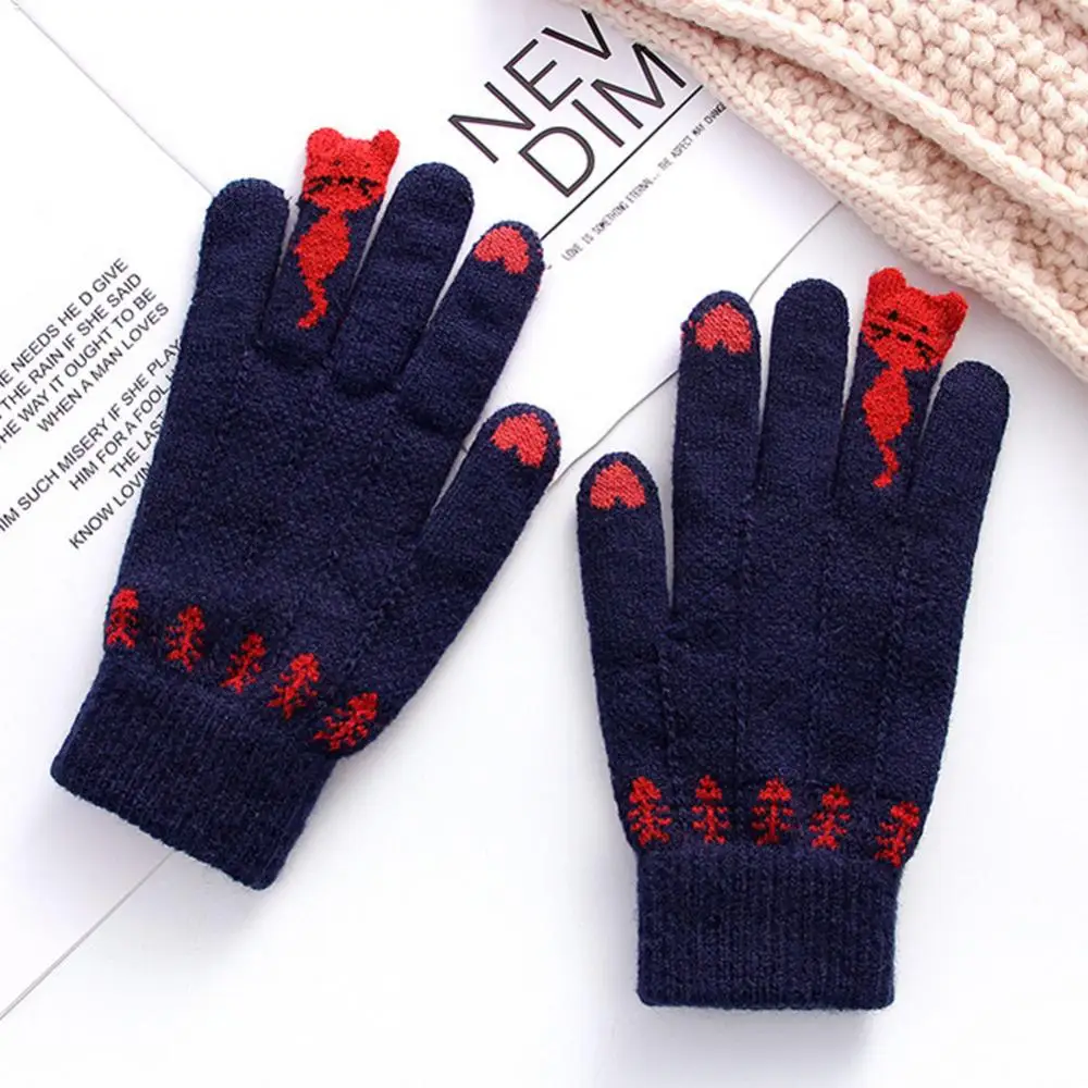 Guantes de invierno de Cachemira sintética para mujer, guantes térmicos a prueba de viento con pantalla táctil, guantes cálidos con dibujos de gatos, manoplas tejidas con dedos completos