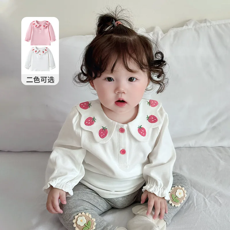 2024 Doll Neck Children's Girl Top Sweet Strawberry Embroidery Cute Baby Girls Tops Versatile Long Sleeves Newborn Kids Clothing