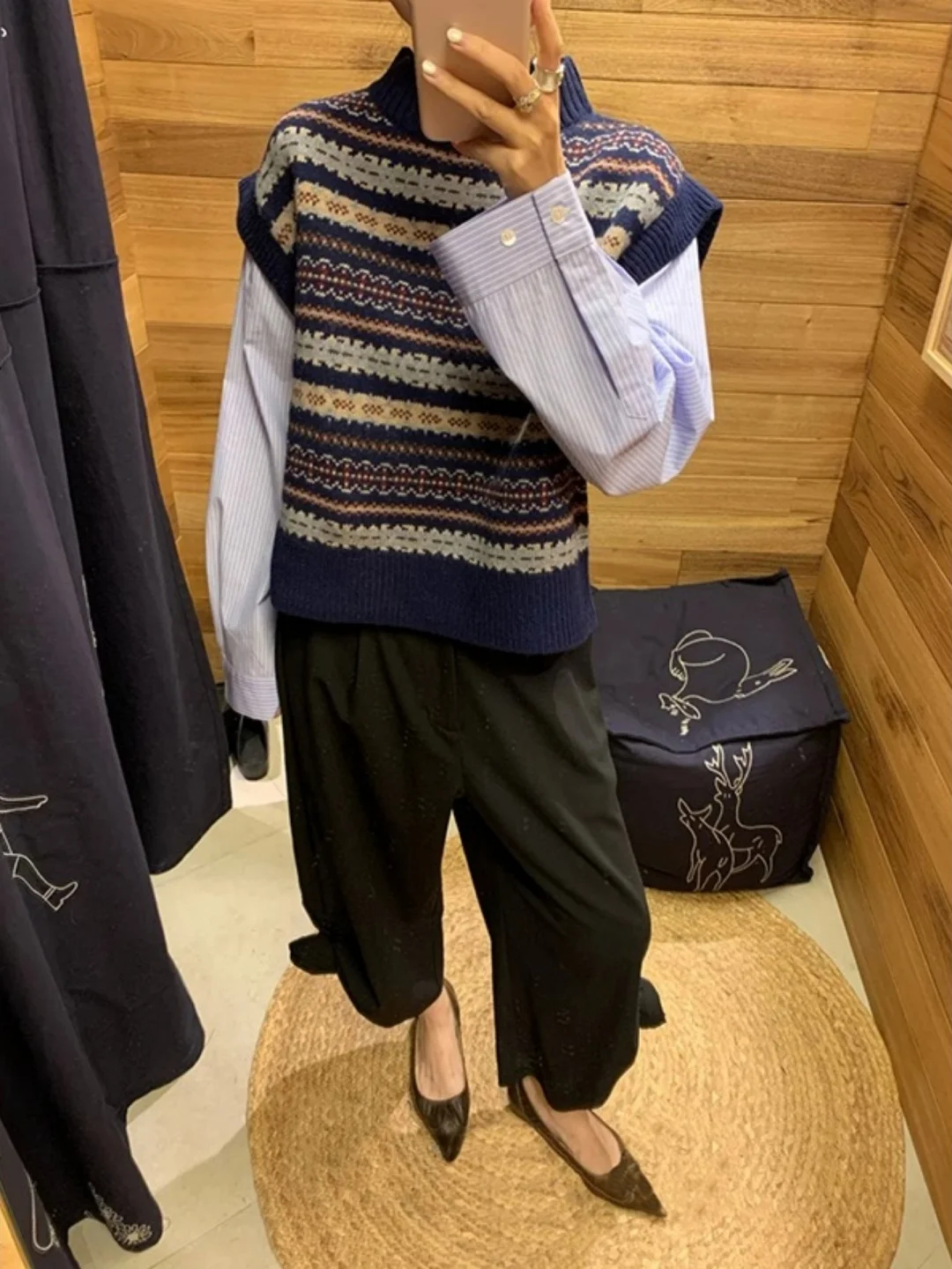 

Повседневный вязаный свитер в полоску с лоскутным узором, женский, из смесовой шерсти, длинный, с круглым вырезом, для ранней весны, модный