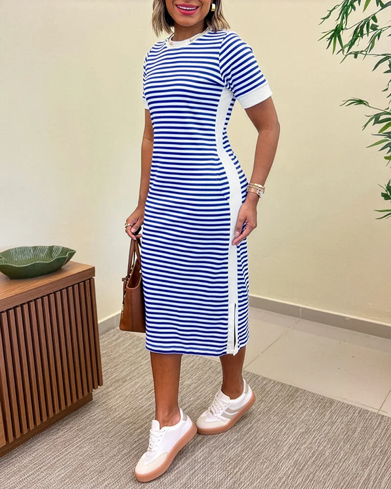 Damen-T-Shirt-Kleid in gestreiftem Colorblock-Design, mittellang, lässiger Rundhalsausschnitt mit geraffter Taille und Seitenschlitz, mit Taschen – Detail 6