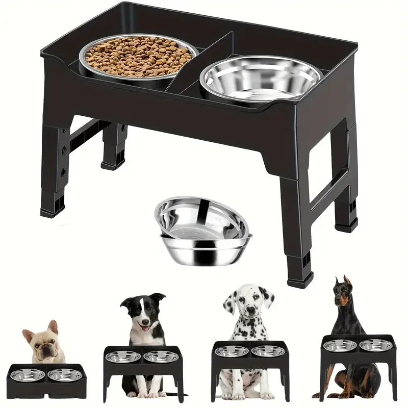 Anti-splash Raised Stainless Steel Dog Food And Water Bowl, Heights Adjustable Folding Dog Feeder Station, Raised Dog & Cat Bowl