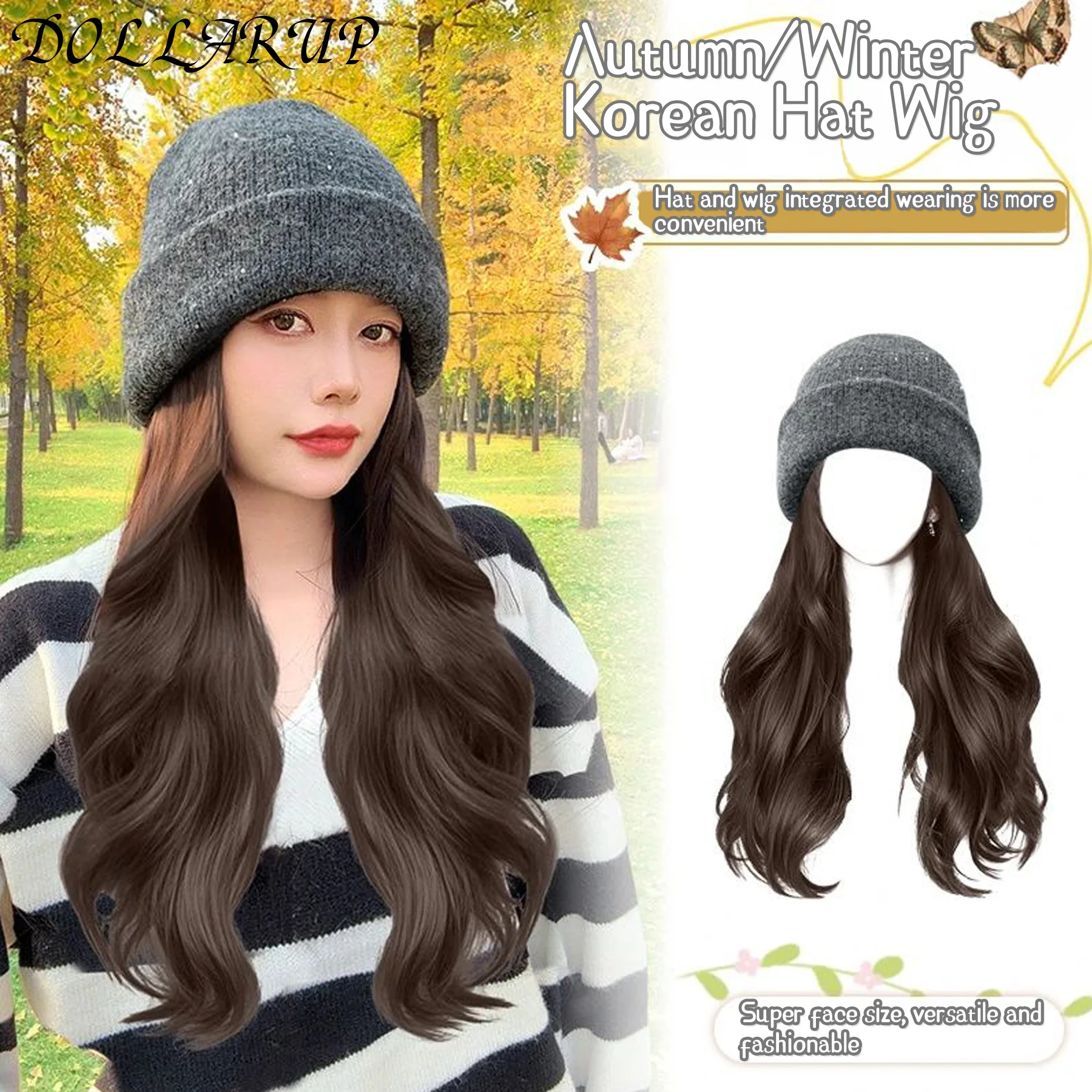 Synthetic Hat Wig Beanies Hat With Hair Wigs For Women Long Wavy Hair Warm Soft Ski Knitted Autumn Winter Cap Heat Resistant