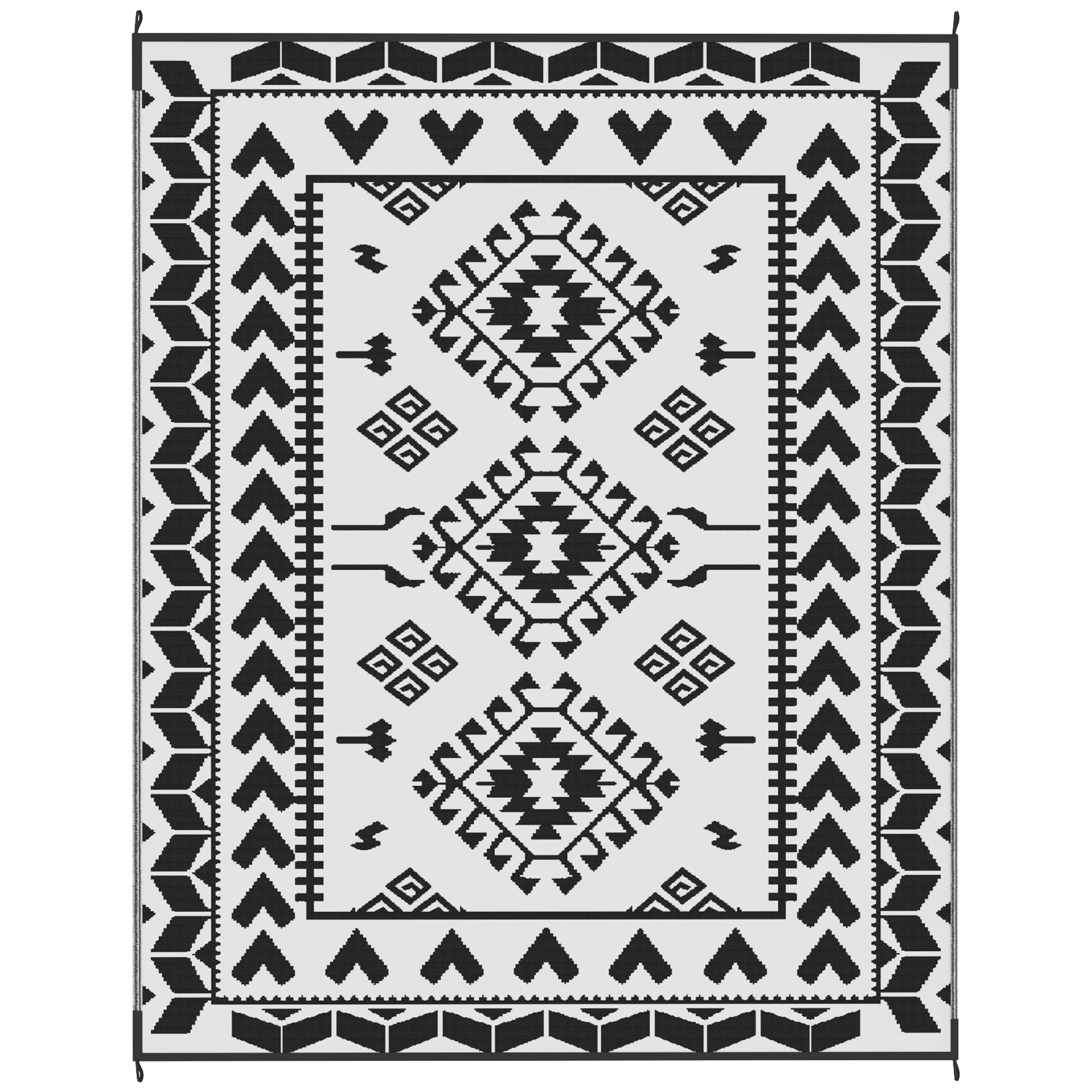 Reversible Outdoor Rug, Waterproof Plastic Straw with Carry Bag, 8' x 10', Black & White Rhombus Patchwork