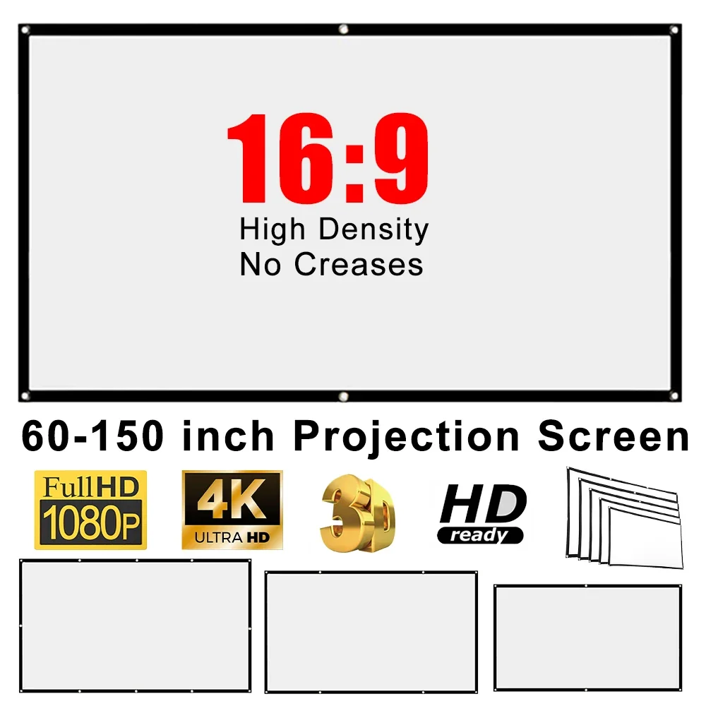 60/72/84/100/120/150 inch Foldable Projector Screen 16:9 Portable HD Display Screen Outdoor Cinema Home Movie Projector Screen