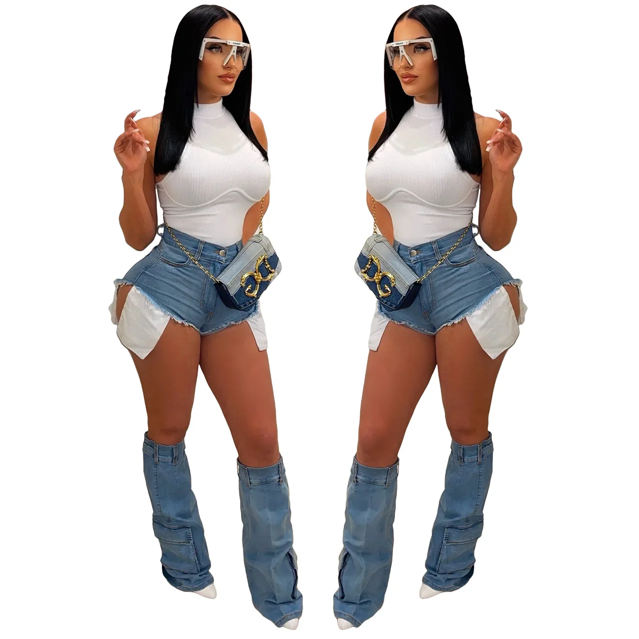 Casual Denim Shorts with Calf Cover Fashion Button Short Jeans with Pockets High Waistt Streetwear Matching Women Clothings 2023