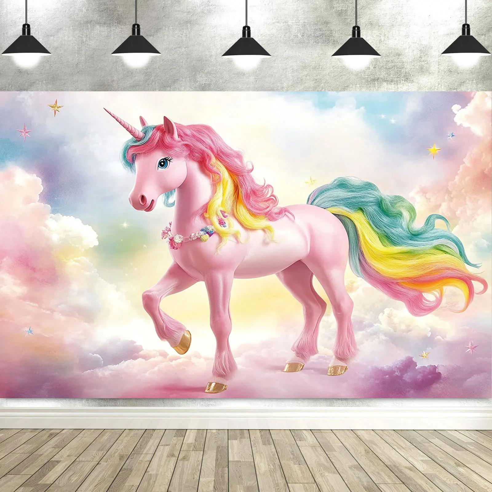 Dewprint Unicorn Birthday Decorations Backdrop for Girls Rainbow Glitter Stars Dots Happy Birthday Banner Photo Booth Props