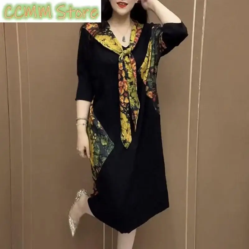 

Casual Floral Patchwork Dresses Spring Summer 3/4 Sleeve Women's Clothing Scarf Collar Drawstring Loose A-Line Waist Midi Dress