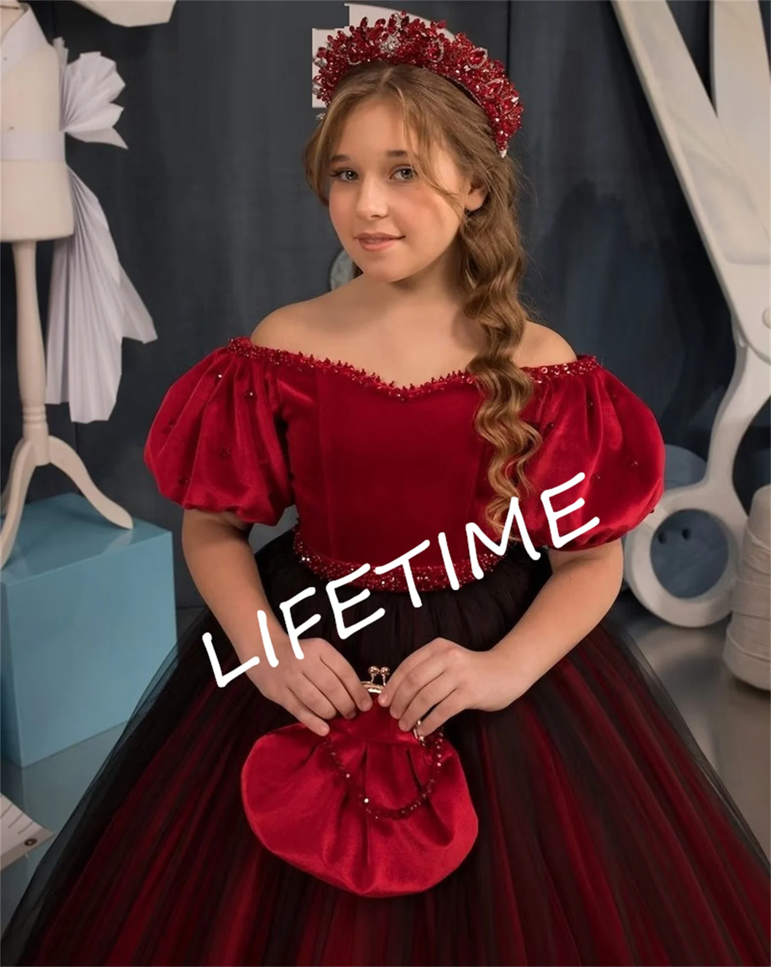 Red With Black Tull Formal Occasion Flower Girl Dress Wedding,Birthday,First Communion,Pageant,Party