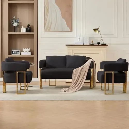 Loveseat Sofa and 2 Modern Accent Chairs no Wheels, Living Room Side Chairs with Golden Metal Legs, Barrel Soft