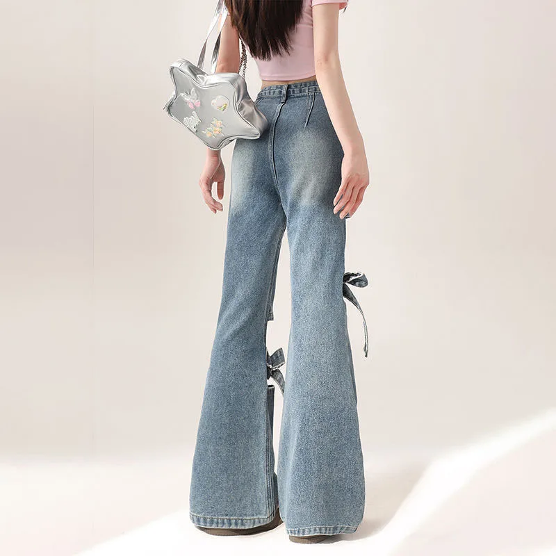 High Street Hollow Strap Bow Jeans Women's Spring Summer New High Waist Slimming Spice Girls Denim Wide Leg Horn Pants