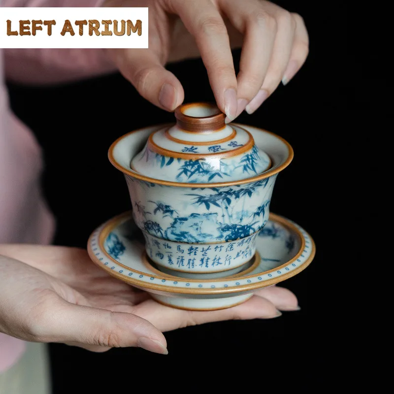 

130 мл Ru Kiln Green Mountain Bamboo Shadow Cover Bowl Zen Керамический чайный чайник Ретро Gaiwan Чайник Китайская чайная посуда Подарок