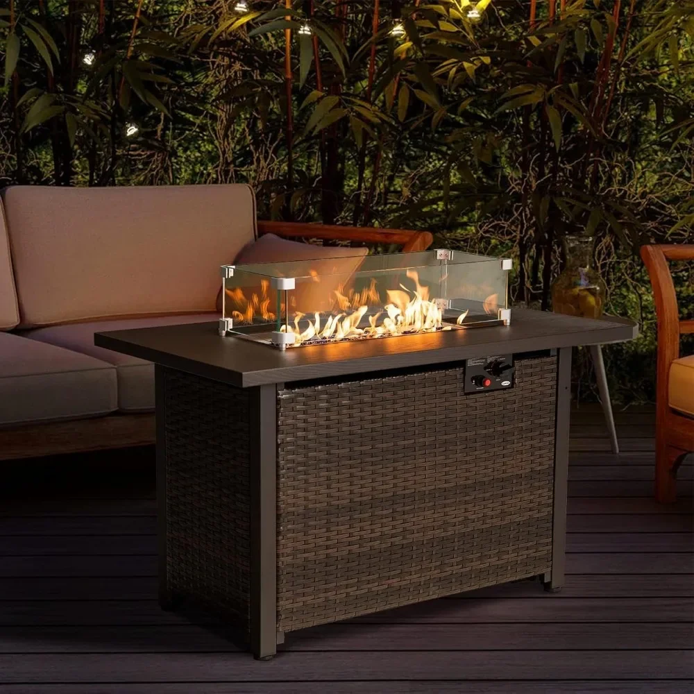 

42 in Propane Gas Fire Pit Table, 50000 BTU Auto-Ignition Gas Firepit with Glass Wind Guard, Alloy Wood Grain Tabletop, Fire Pit