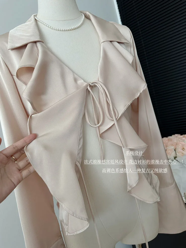 Sweet V-Neck Satin Shirts Chic Flare Sleeve Thin Lace Up Blouses Office Lady Simple Solid Crop Top New Design Formal Occasion