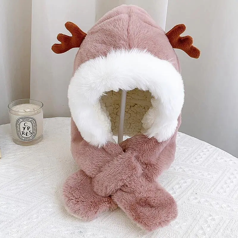 Winter children\'s hats scarves integrated men and girls thickened warm baby cute baby antlers windproof ear protection cap