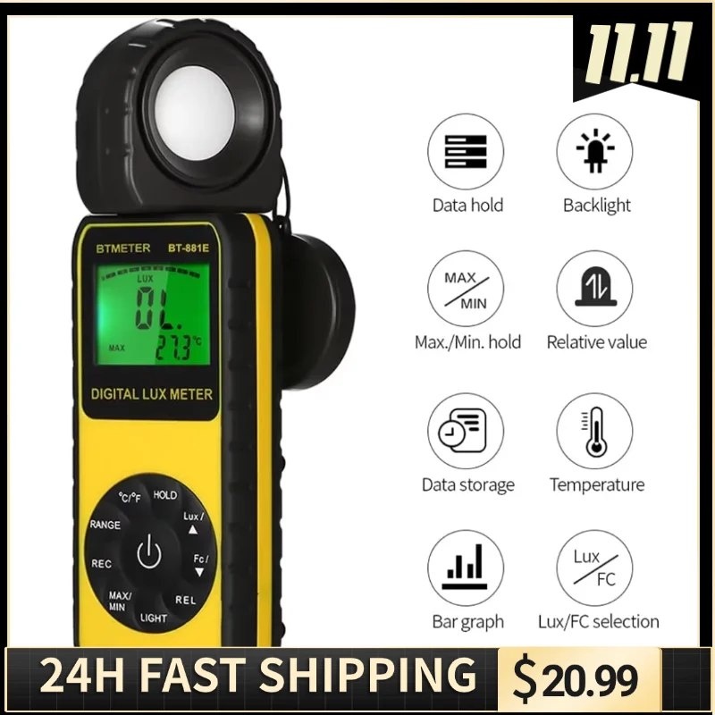 Esposimetro, Luxmetro digitale, Fotometro per la misurazione della luce 300.000 Lux con mantenimento dei dati, LCD con retroilluminazione, 270 °   Girevole