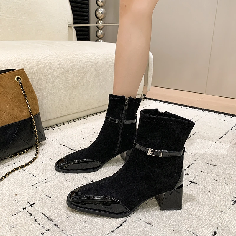 Women Ankle Boots Square Toe Block Heel Faux Suede Cap Slim Fit Office Vintage Ladies Casual Autumn Winter Boots Shoes For Woman - view 3