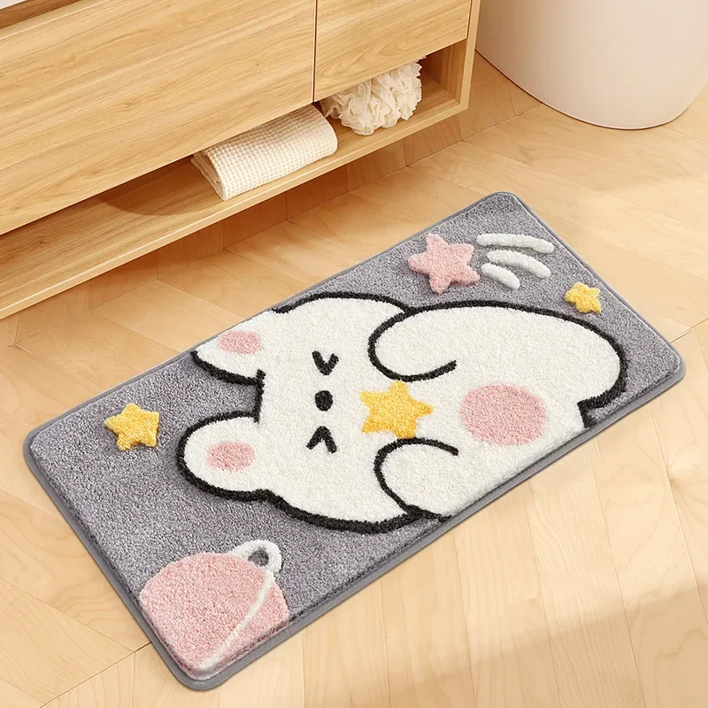 Cute Cartoon Rabbit Bath Mat Set High Quality Flocking Bathroom Non-slip Absorbent Bathroom Rug Shower Room Door Mat Carpet