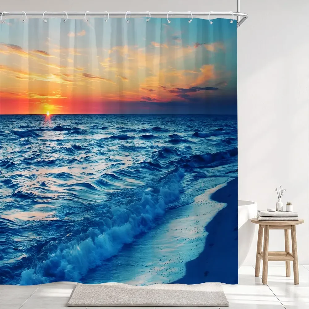 Dusk Sunset Ocean Beach Outdoor Scenery Shower Curtain Seaside Nature Scenery Polyester Fabric Home Bath Curtains Bathroom Decor