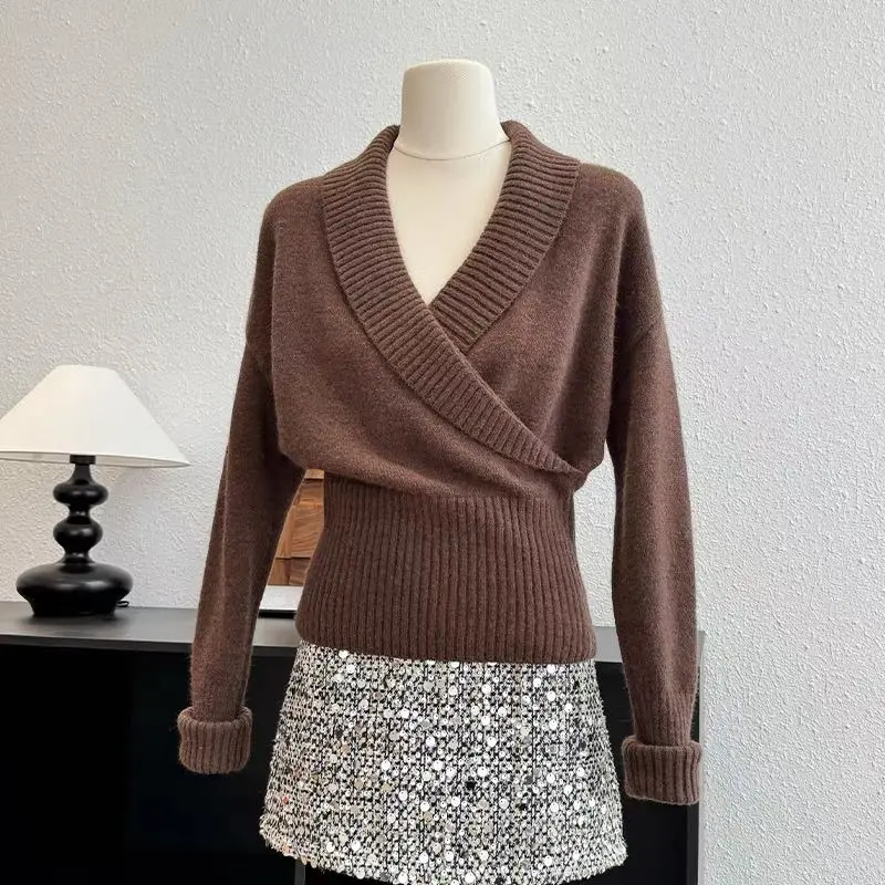 

Autumn and Winter Fashion New Women's Elegant Korean High End Hoodie Design Sense V-neck Warm Thick Long Sleeve Sweater Jumper