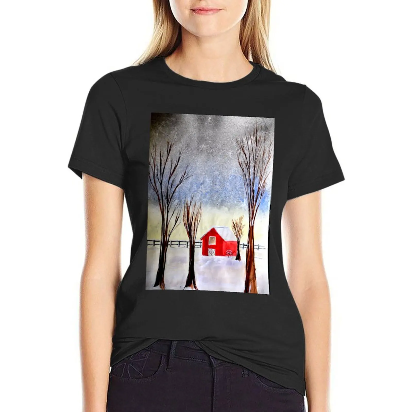 

Red barn in winter T-Shirt anime clothes heavyweights tees Womens clothing