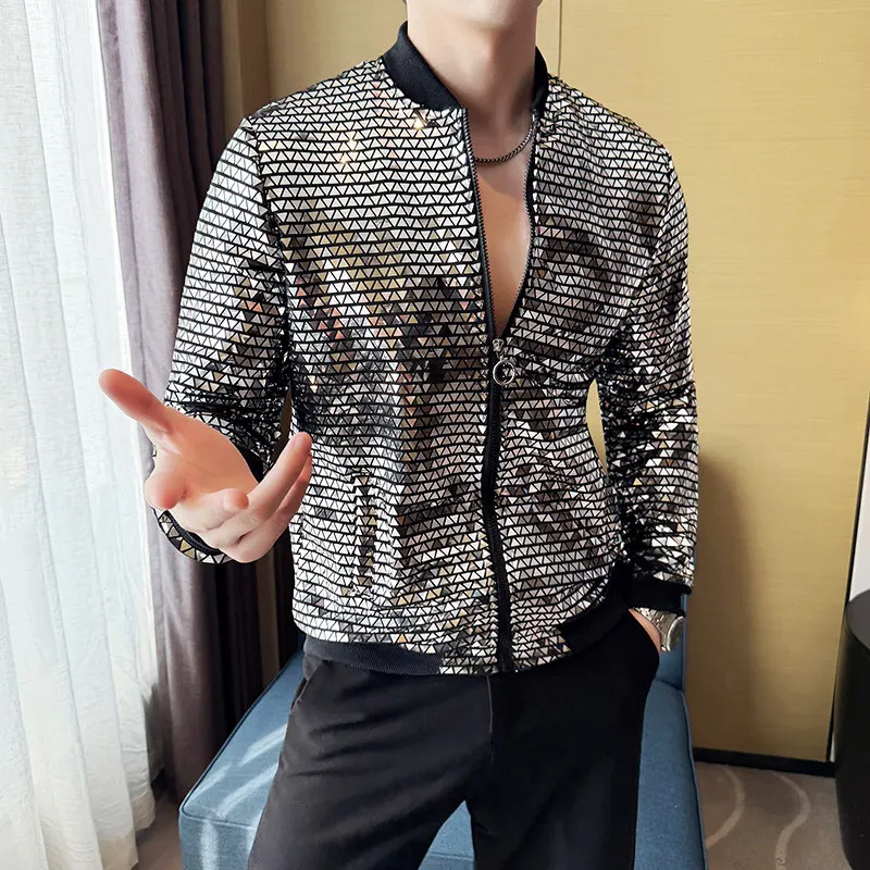 เสื้อแจ็คเก็ตคอตั้งประดับเลื่อมสีเงินสำหรับผู้ชาย เหมาะสำหรับบาร์ ร้านคาราโอเกะ และการแสดงบนเวที เสื้อโค้ทลำลอง