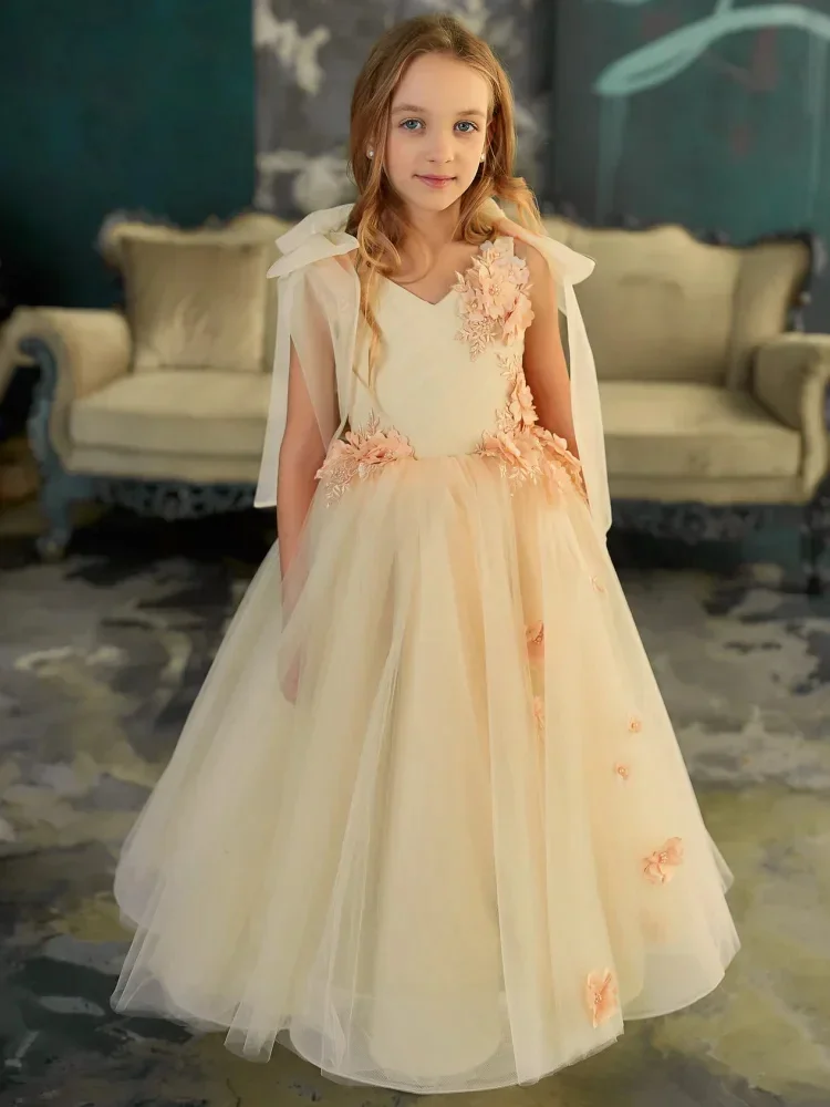 

Customized Light Yellow Flower Girl Dress For Wedding Tulle Backless Floral Appliques Elegant Quinceanera Birthday Party Gown