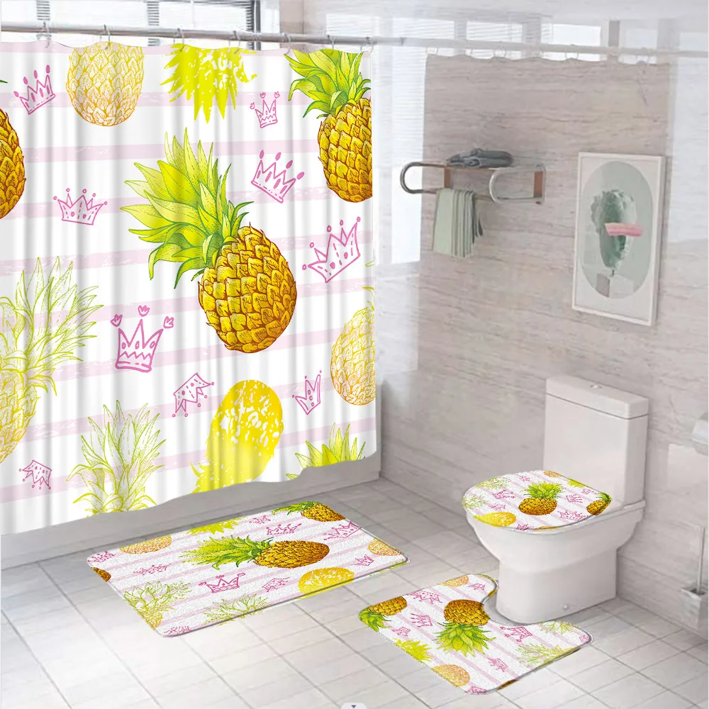 

Pineapple Fruit Tropical Shower Curtain Set Watercolor Pink Crown Striped Bathroom Curtains Non-Slip Rugs Toilet Cover Bath Mat