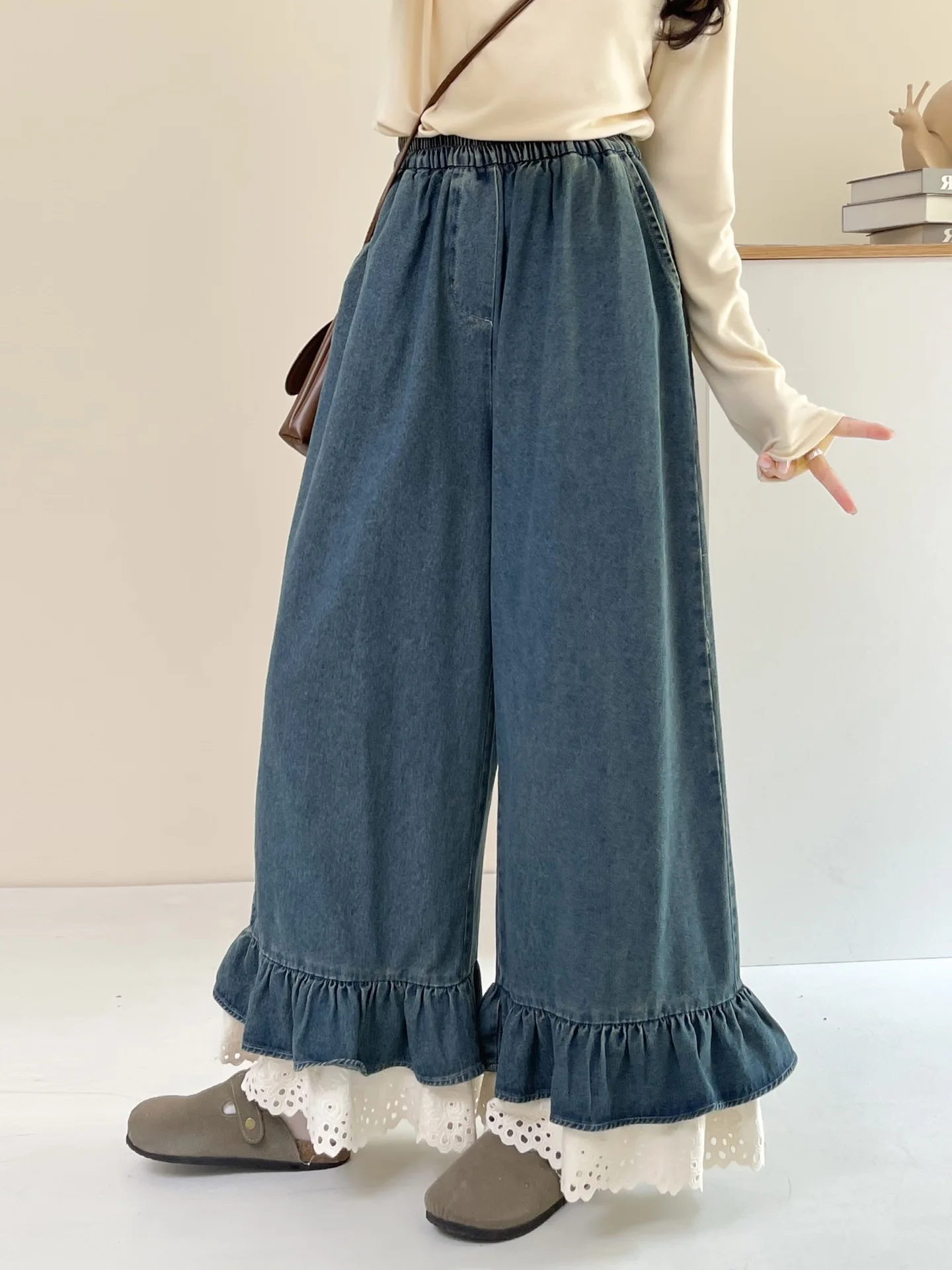 New Autumn Cotton Denim Pants, Women Ruffles Lace Patchwork Trousers, Mori Girl Loose Sweet OL Wide Leg Pants, Winter B40921CC