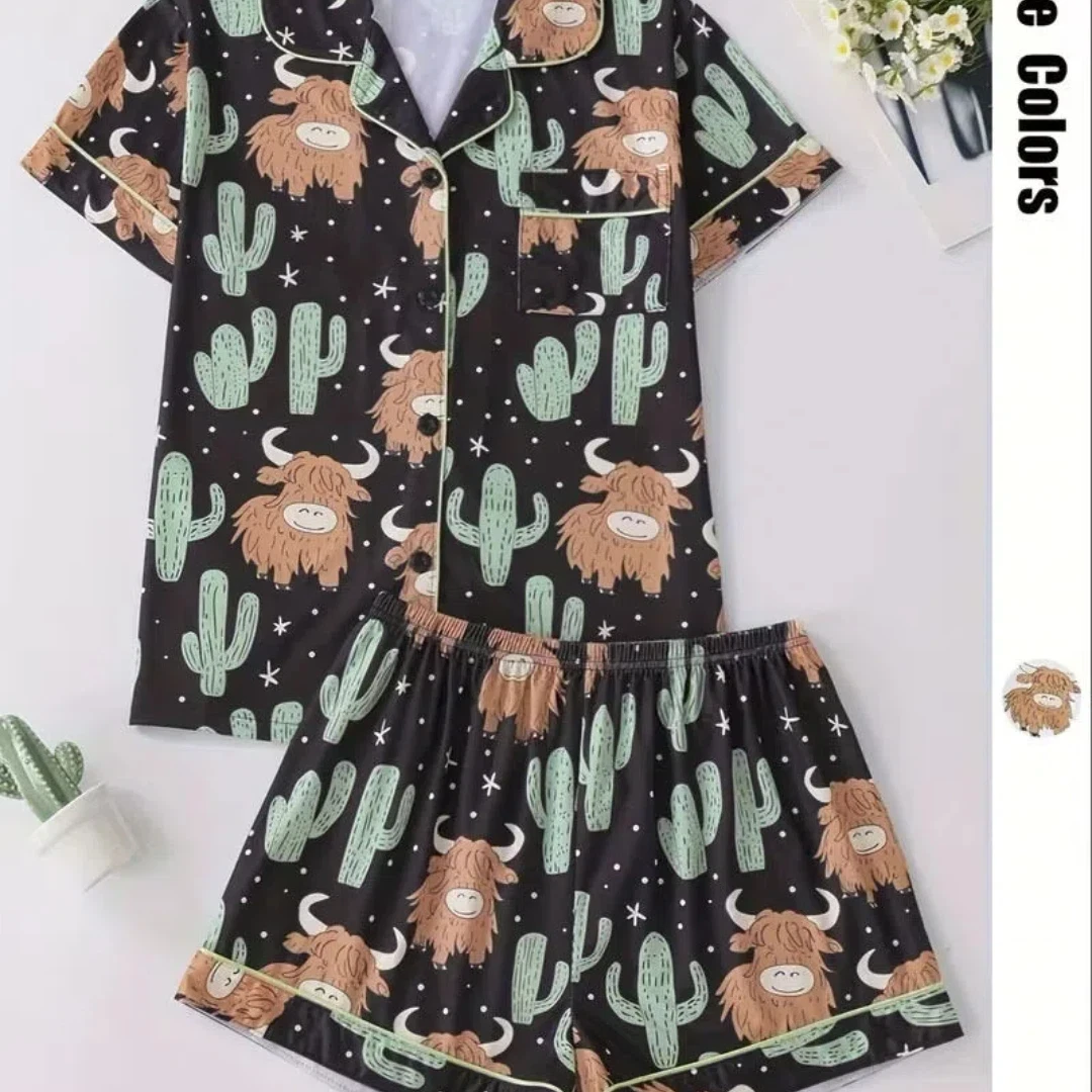 

Black Women Pajama Set Valentine's Day Themed with Cow and the Cactus Print Lapel short-sleeved shirt and Shorts Pants Home Wear
