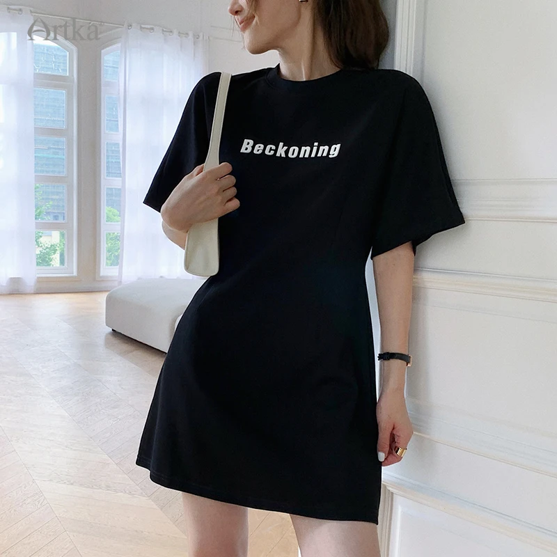 ARTKA 2023 Summer New 3 Colors Fashion Casual O-Neck T-shirt Dress Letter Embroidery Simple Short Sleeve Dresses Female 22LA064X