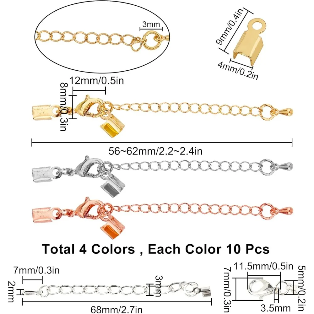 1 Box 40 Sets 4 Colors Fold Over Crimp Cord End Clasps Brass Connectors with Lobster Clasps Extender Chains Adjustable Cap for