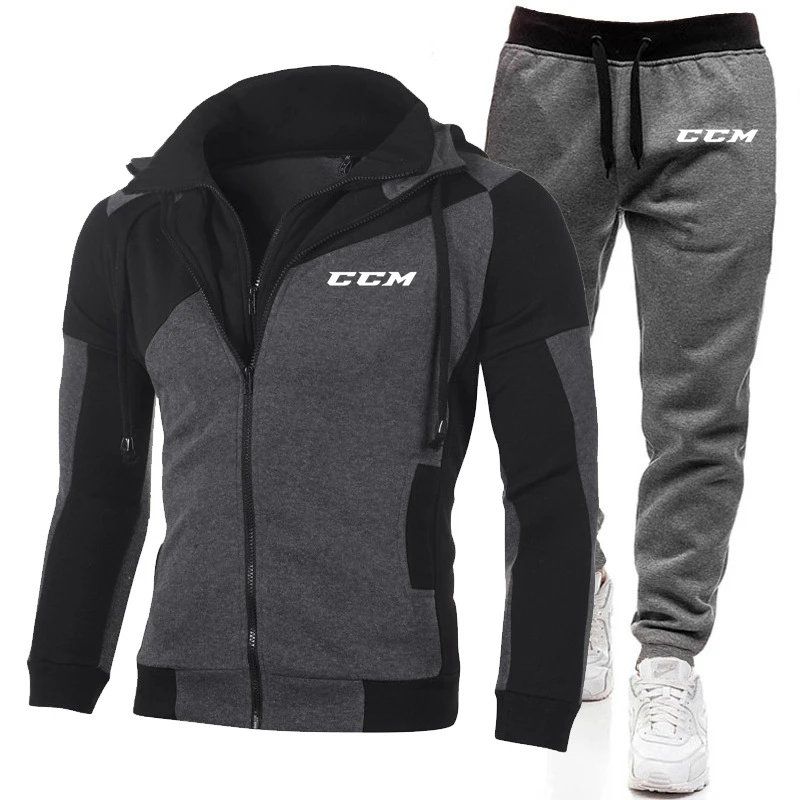 2024 CCM New Double Zipper Men\'s Casual Suit Outdoor Fitness Jogging Sports Suit Men\'s Hoodie + Pants Set Men\'s Sets Sports Suit