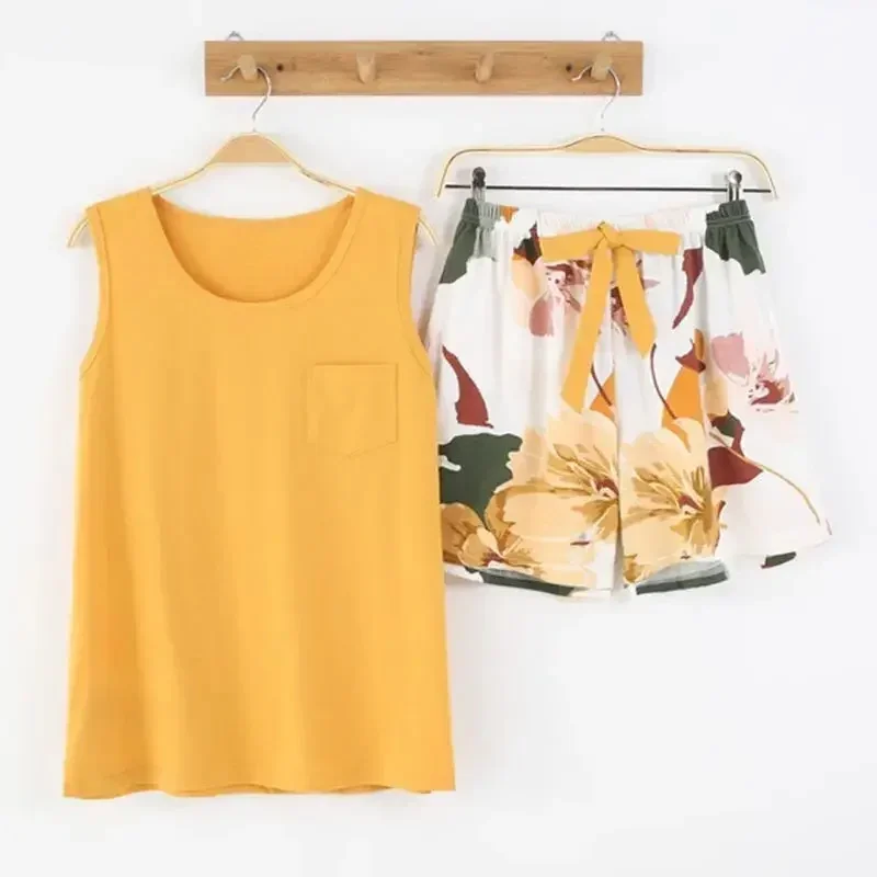 

New women's pajamas set summer Cotton solid color top print shorts sleepwear Korean kawaii home clothes pijama two piece set