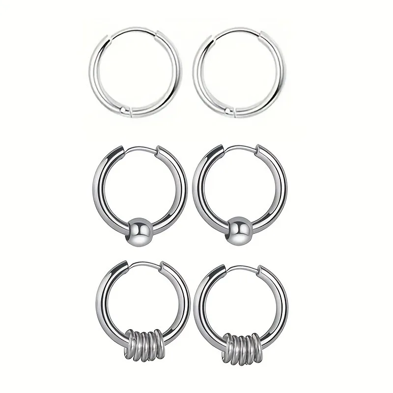 3 Pairs Stainless Steel Ball Decor Hoop Earrings For Men, Hip Hop Unisex Beads Circle Earrings