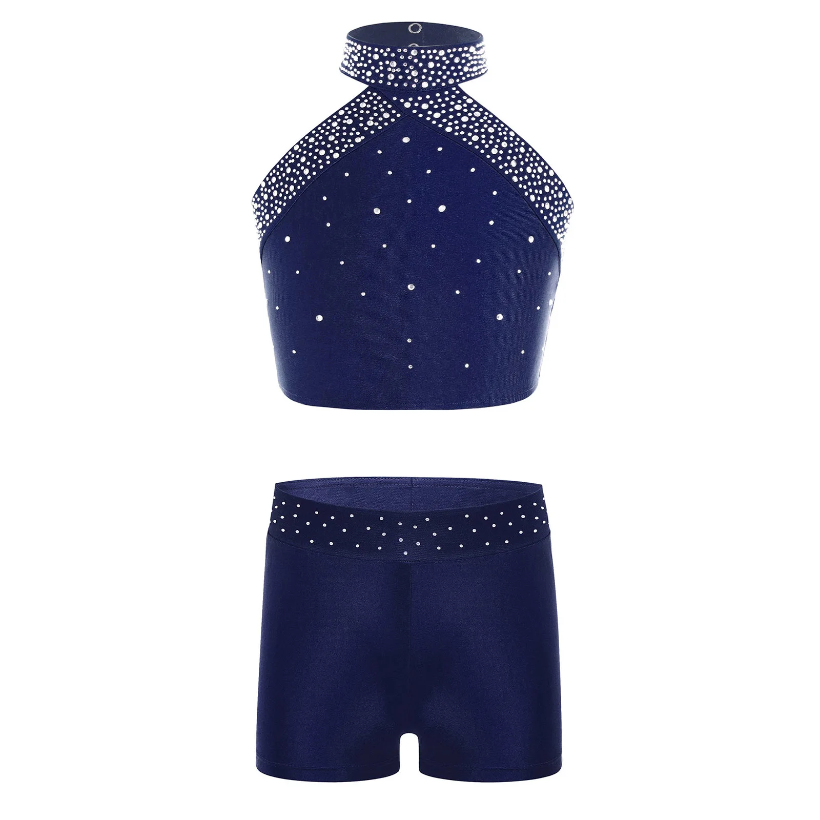 Kids Girls Ballet Dance Outfit Figure Skating Dress Halter Neck Tanks Shiny Rhinestones Shorts Children Gymnastics Dancewear Set