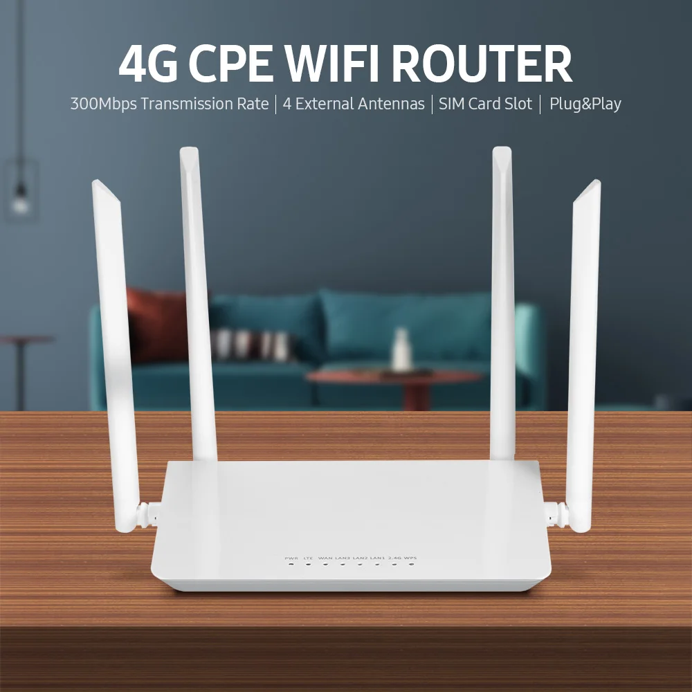 

4G LTE CPE WiFi Router 300Mbps High-speed Wireless Router Wide Coverage with 4 External Antennas SIM Card Slot European Version