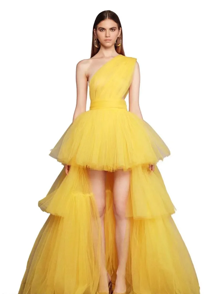 Runway Summer  2023 Women Sexy Ruffles Mesh Pleated Yellow Maxi Long Bodycon Gowns Dress Elegant Evening Party Club Dress