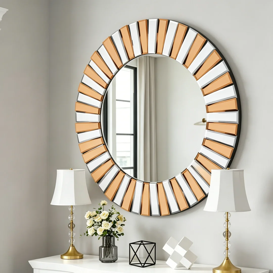 Contemporary Round Starburst Wall Mirror with Glass Beveled Edge Decorative Living Room Bedroom Mirror