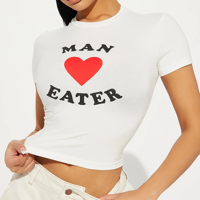 Sexy Crop Top Man Love Eater Print T-shirts Streetwear Harajuku Women Slim T-shirt Short Sleeve Y2K Fashion Cute Baby Tee E-girl