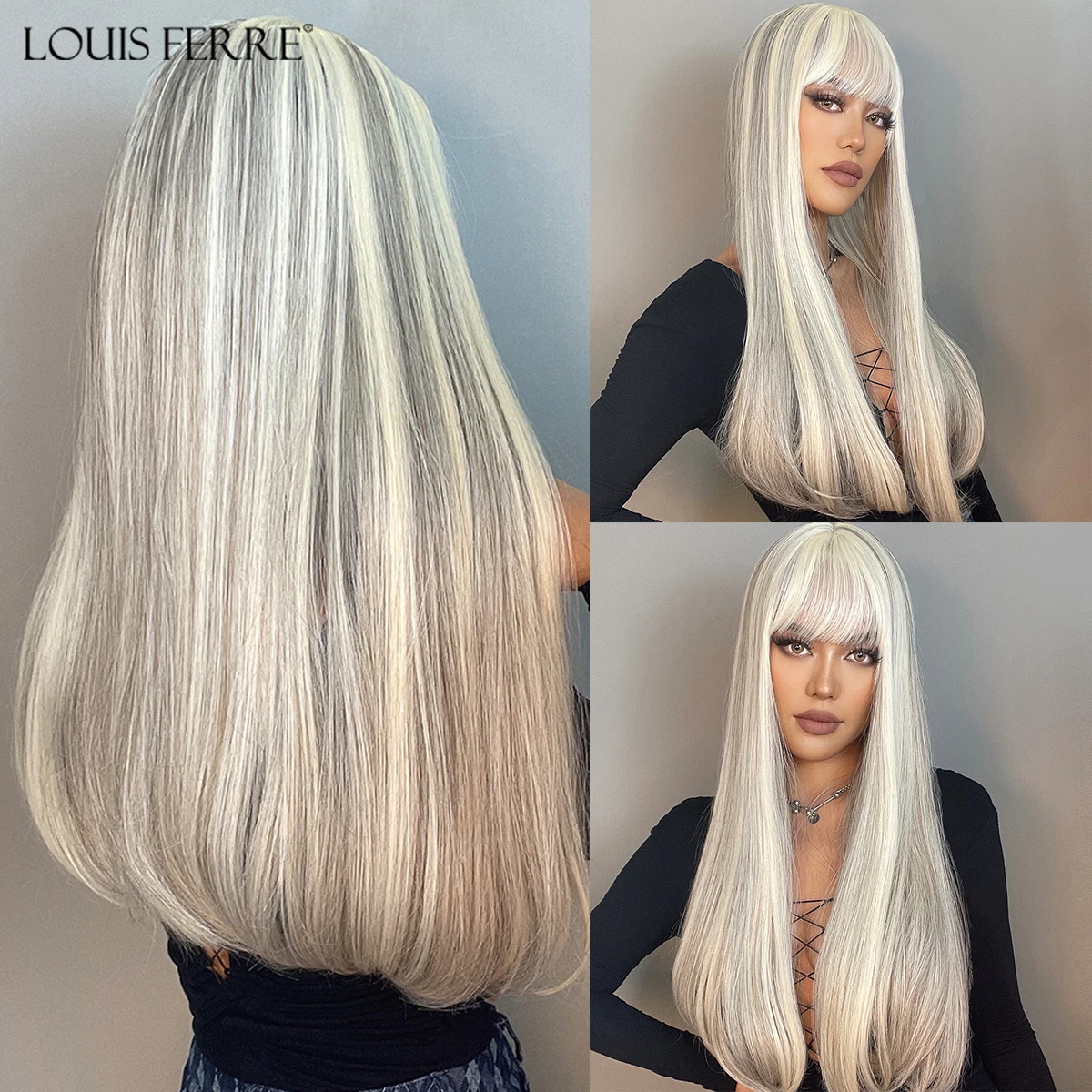 LOUIS FERRE syntetyczne długie biały peruki z grzywką Cosplay peruki z prostymi włosami z brązowym podświetleniem naturalne sztuczne włosy dla