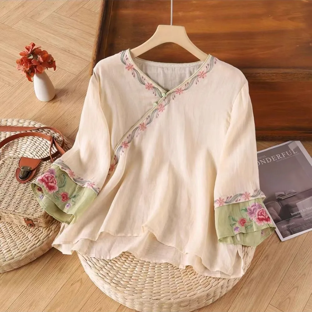 Summer Cotton Linen Top Women Ethnic Vintage Embroidery Frog Button Slant Placket Loose Casual Tea Blouse Shirt