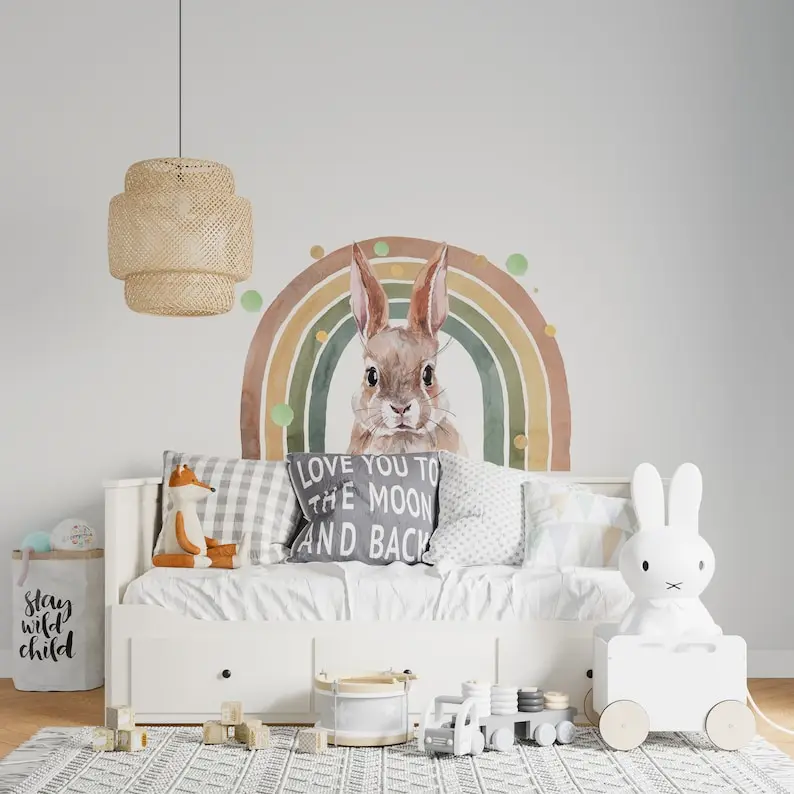 Rabbit Wall decal for kids, rabbit wall sticker, woodland, big set forest animals, rainbow wall sticker, bunny decals, nursery w