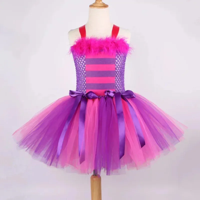 Alice Cheshire Cat In Wonderland Costume Baby Girls Tutu Dress Purple Cartoon Tulle Party Dress Kids Halloween Cosplay Costume