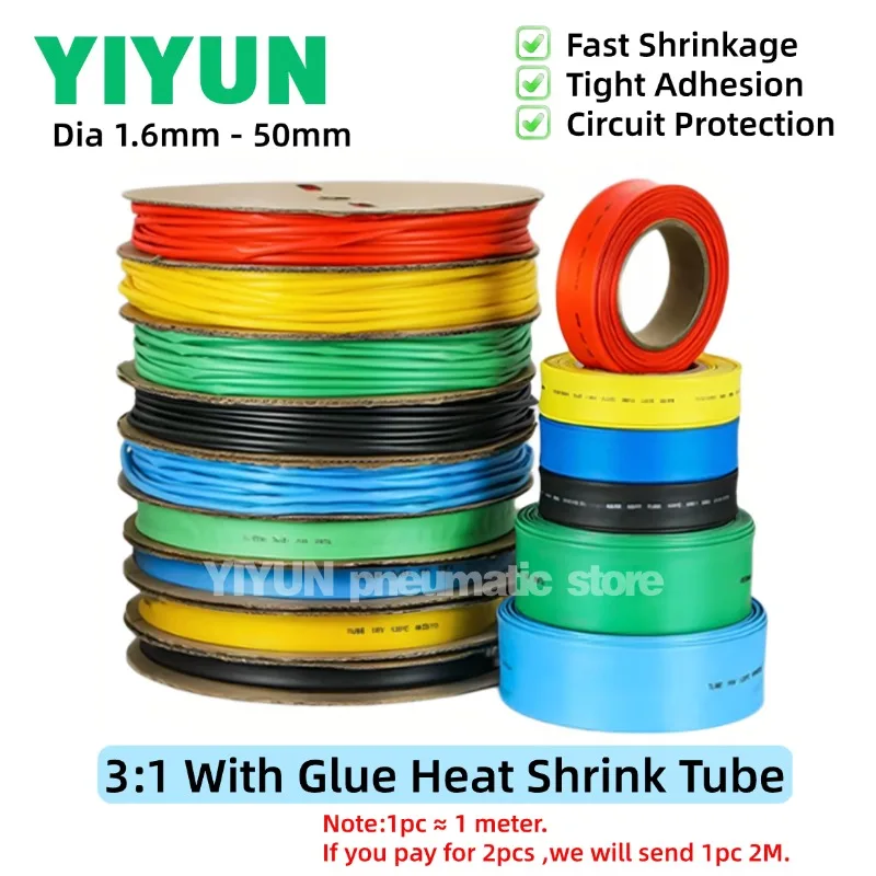 1M Length 3:1 With Glue Heat Shrink Tube 1.6/2.4/3.2/4.8/6.4/7.9/9.5/19.1/30/50mm Shrinkable Tubing Adhesive Wrap Wire Sleeve